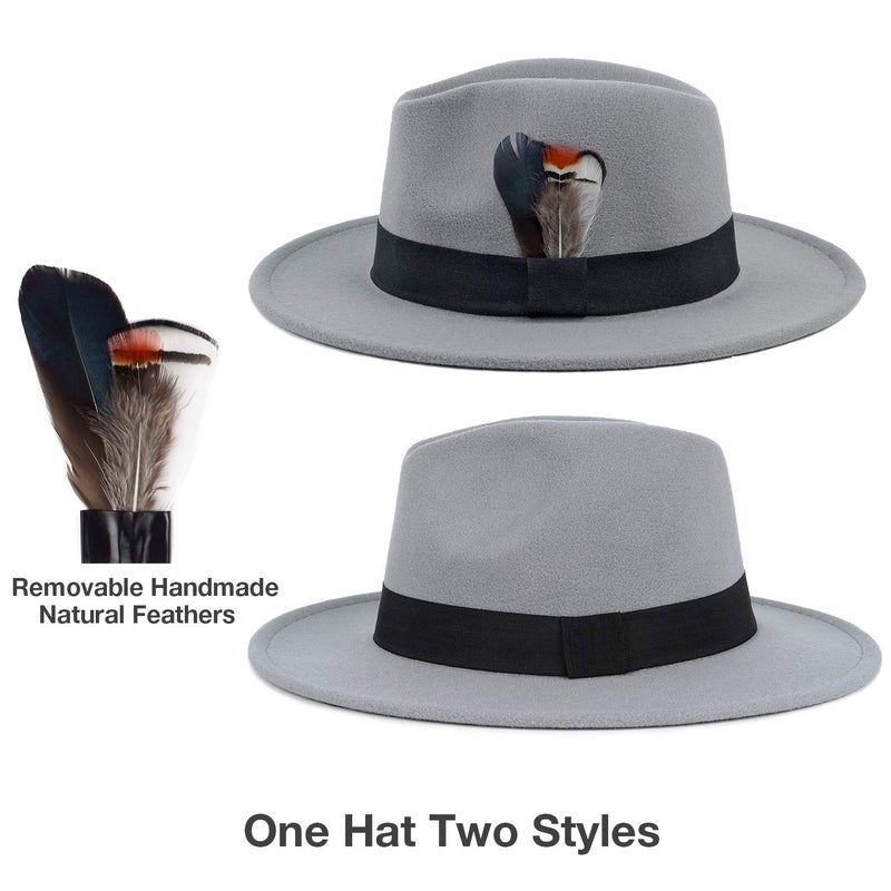 FADACHY Classic Fedora Hat for Men & Women Wide Brim Felt Hat Panama Dress Hat Grey Fedora - Image 2